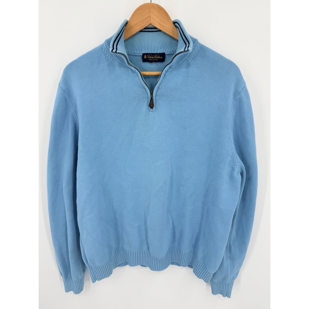 Brooks Brothers Pima Cotton Stretch 1/4 Zip Sz L Sweater Mock Sky Blue Golf Work